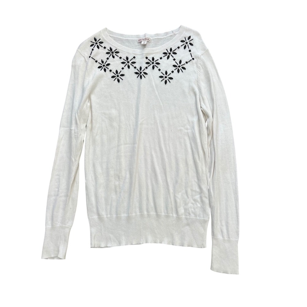 Merona Womens White Beaded Floral Crew Neck Long Sleeve Pullover Sweater Size M